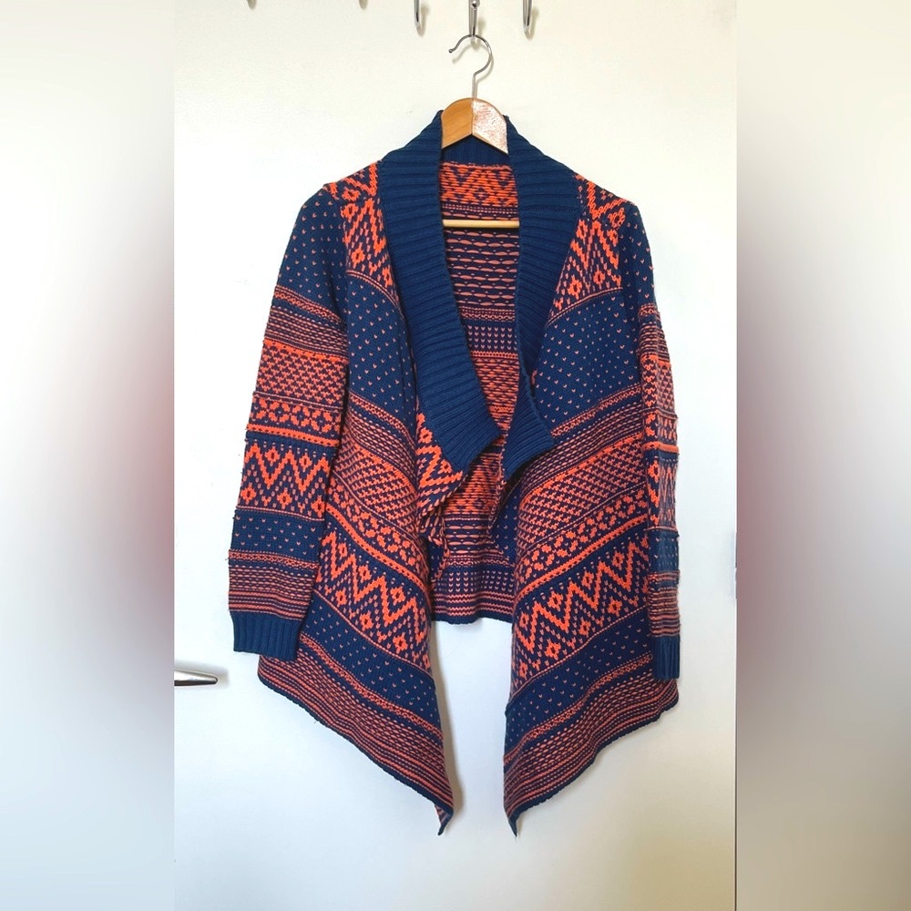 (NWOT) Exotic Patterned Knit Cardigan Sweater - Navy & Orange - One Size